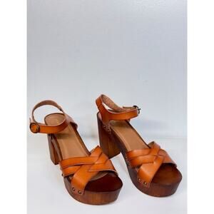 Madden Girl Women's Sz 7 Heel Wood Leather Open Boho Indi Cognac Chunky